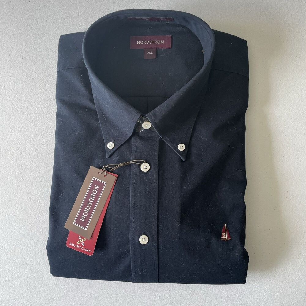 Nordstrom Men's Button Up Shirt Top Navy Blue Sailboat Logo 100% Cotton Size XLL